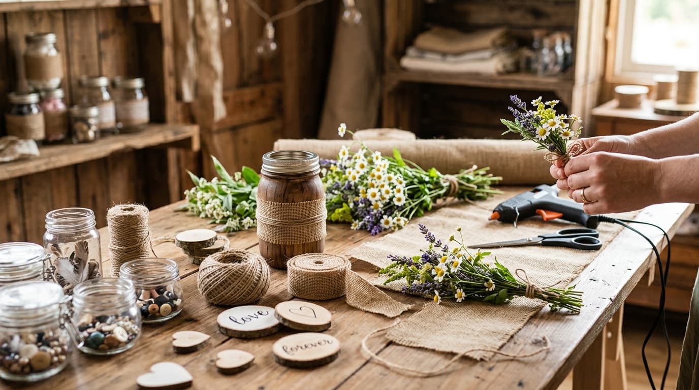 DIY Rustic Wedding Decor: Burlap, Wood, and Wildflowers